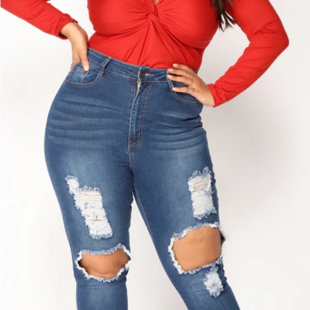 Fashion Nova High Rise Distressed Blue Jeans